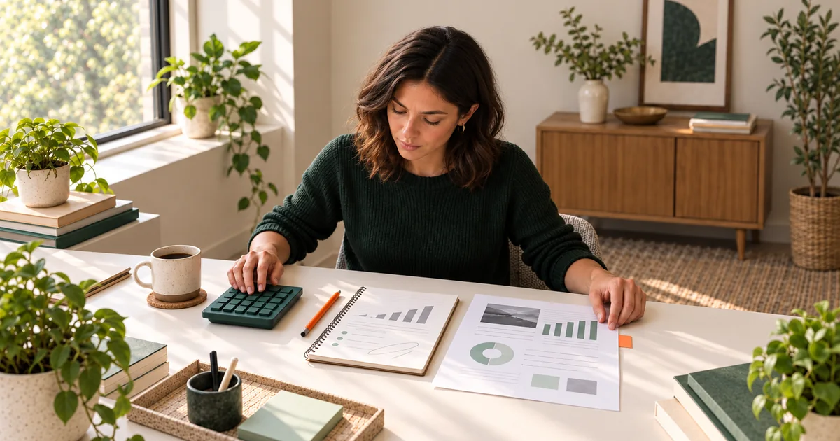 A marketer compares handwritten rate notes beside a calculator and a printed campaign brief on a warm white desk