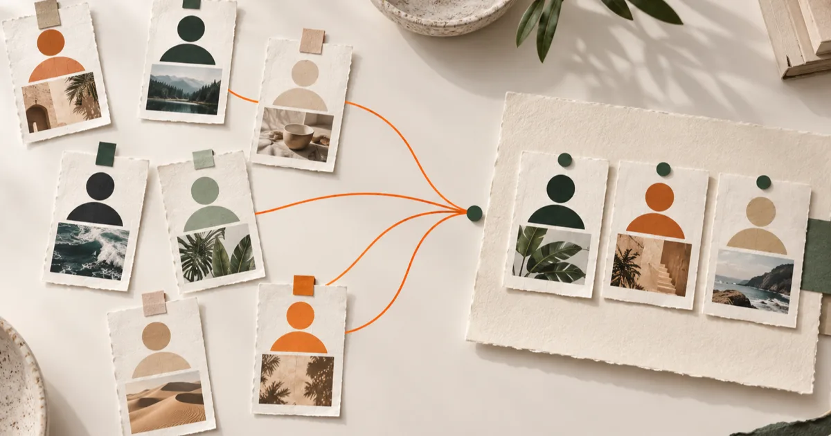 Paper creator cards narrow into a three-card shortlist through orange paths.
