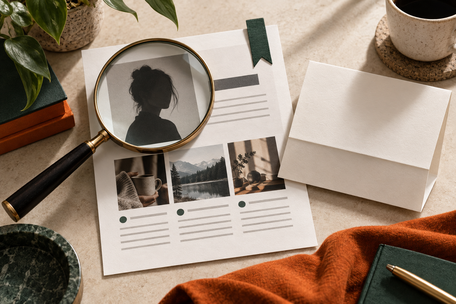 A magnifying glass rests over an anonymous creator research sheet beside a folded outreach note.