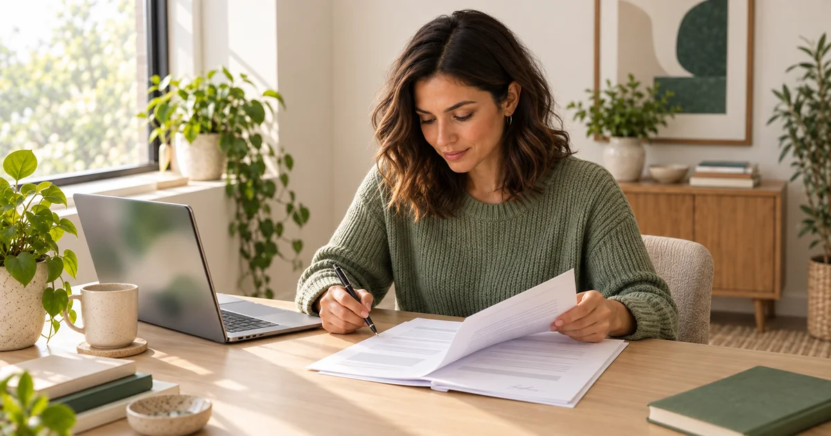 Woman reviews a printed contract with a pen at a bright wooden desk beside her open laptop