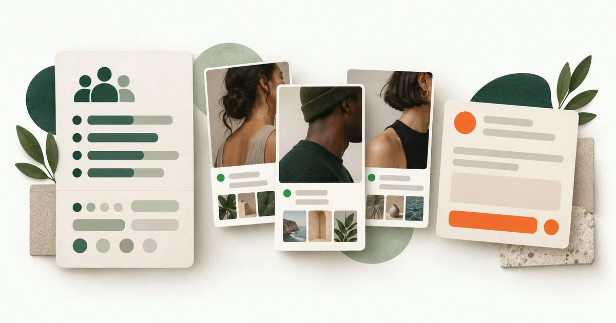 An editorial workspace scene with an audience brief, creator profile fragments and an outreach draft connected on a warm white surface