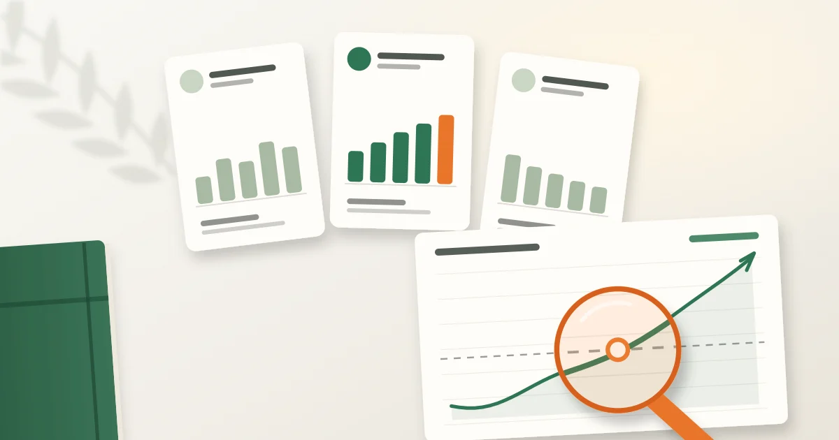 An orange magnifier enlarges the point where a green return line crosses a dashed break-even line, beside three creator cards with bar charts on a sunlit desk