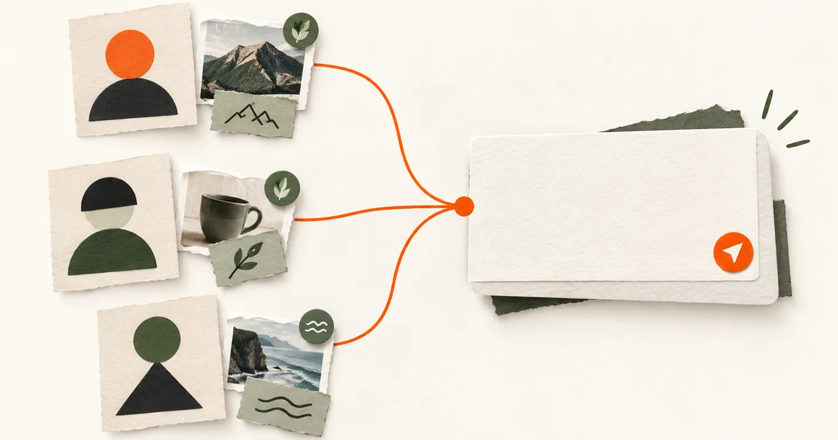 Cream paper creator profiles connect through orange lines to a blank outreach card.