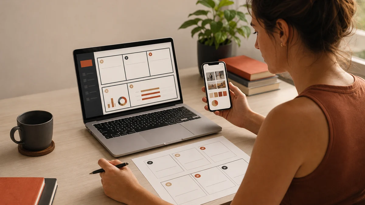 Un responsable marketing d’application examine un brief influenceur avec des sections sur l’audience, les livrables, la mention du partenariat, les droits, le calendrier et la mesure