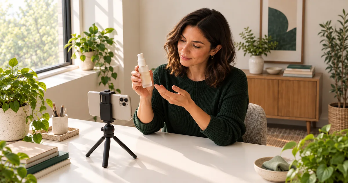 Creator films herself holding a skincare bottle with her phone on a small tripod at a bright desk by a window