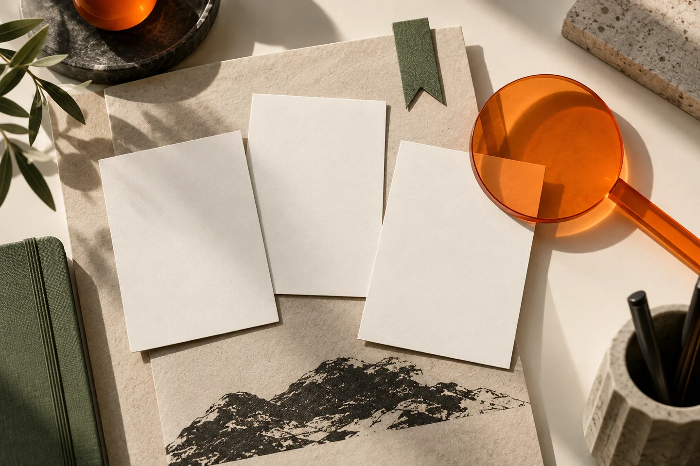 Blank portrait cards, a translucent magnifying disk and a sage bookmark on pale paper.